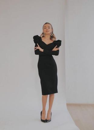 Розпродаж-знижка розкішна чорна сукня-футляр з щільного преміум трикотажу, рукав буф об’ємний6 фото