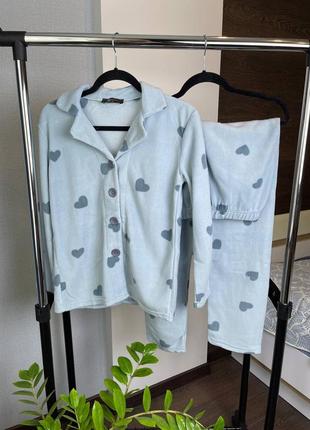 Голубая теплая флисовая пижама сердечки/домашняя костюм рубашка и штаны 42-48