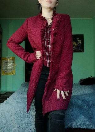 Бордовое твидовое пальто4 фото