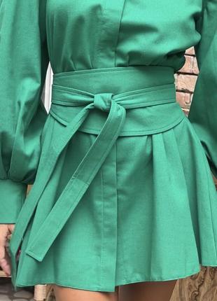 Ефектна лляна сукня-сорочка  подовжена з поясом корсет на талії широкий рукав буф об’ємний пишний трапеція якість люкс під бренд zara mango hm5 фото
