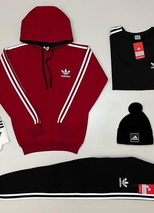 Чоловічий спортивний костюм adidas на флісі зима кофта + штани + футболка + шапка + шкарпетки 2 пари6 фото