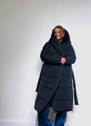 Зимнее объемное пальто с поясом, водоотталкивающая плащевка. темное пальто-одеяло оверсайз4 фото