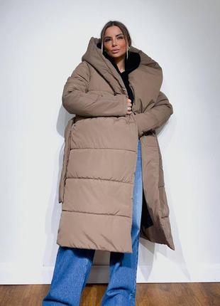 Зимнее объемное пальто с поясом, водоотталкивающая плащевка. темное пальто-одеяло оверсайз3 фото
