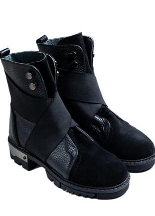Черные женские ботинки натуральная кожа и замша на небольшом каблуке