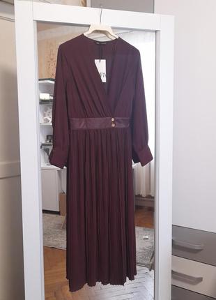 Нова сукня  zara, плаття zara, довга сукня, сукня плісе, бордова сукня5 фото