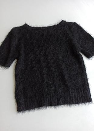 Черный короткий свитер с коротким рукавом из ткани "травка"5 фото