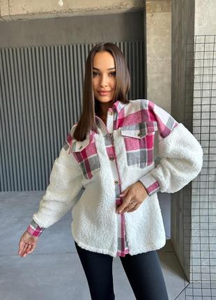 Шикарная тёплая меховая рубашка тедди барашек каракуль овечка  белая бежевая голубая розовая в клеточку свободная оверсайз курточка шубка кардиган
