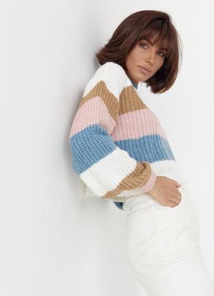 Трендовый вязаный полосатый свитер укороченный оверсайз6 фото