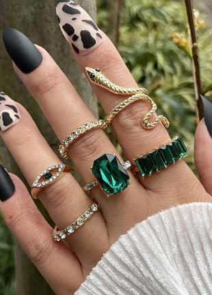 Набор колец золотистие кольца кольцо с большим зеленим камнем кольцо со змеей кольцо дорожка винтажние ретро кольца1 фото