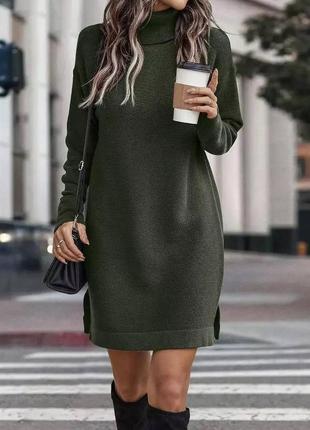 Платье короткое теплое с воротником свободного кроя качественное стильное трендовое капучино хаки5 фото