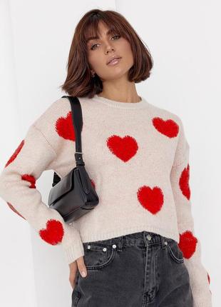 Трендовый вязаный свитер с принтом сердечка / укороченный / оверсайз