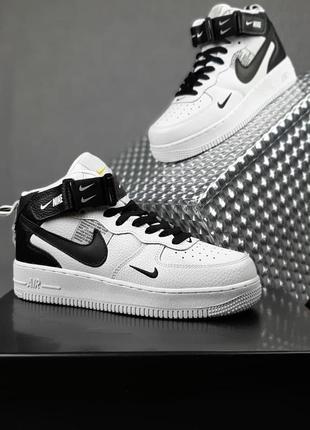 Nike force 1 x off white белые с черным высокими кроссовками женские кожаные найк форс осенние отличное качество8 фото