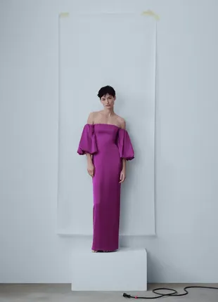 Mango xs s m l сукня з атласу з об'ємними рукавами фіолетова нова оригінал2 фото
