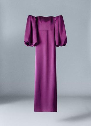 Mango xs s m l сукня з атласу з об'ємними рукавами фіолетова нова оригінал7 фото