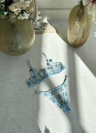 Комплет белья  из микросетки с вышивкой. прозрачное белье с бабочками8 фото