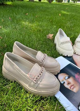 Шкіряні лофери туфлі з натуральної шкіри на шкіряній підкладці з ланцюжком ланцюжок