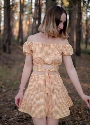 Літній картатий костюм топ та спідниця4 фото