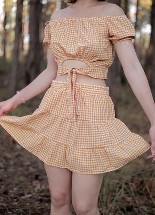 Літній картатий костюм топ та спідниця3 фото