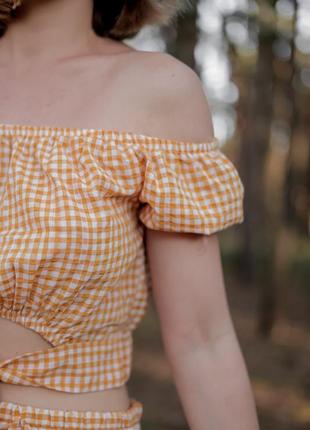 Літній картатий костюм топ та спідниця10 фото