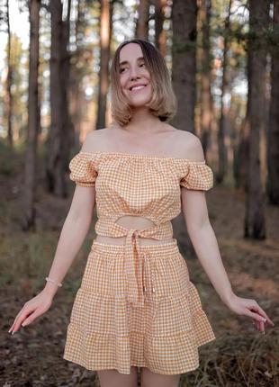 Літній картатий костюм топ та спідниця9 фото