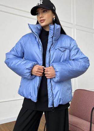 Куртка женская короткая демисезонная, стеганная плащевка, без капюшона, голубая1 фото
