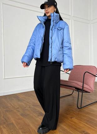 Куртка женская короткая демисезонная, стеганная плащевка, без капюшона, голубая4 фото