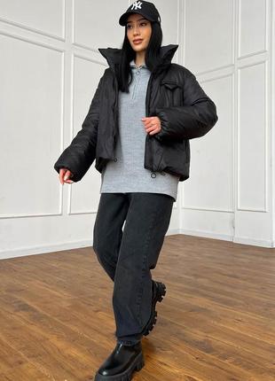 Куртка женская короткая демисезонная, стеганная плащевка, без капюшона, черная8 фото