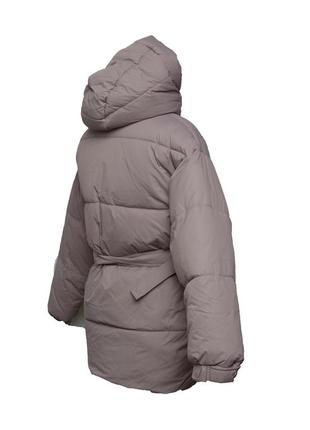 Женская зимняя куртка, парка, пуховик с поясом бежевого цвета5 фото