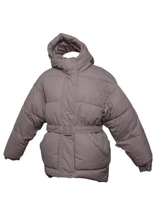 Женская зимняя куртка, парка, пуховик с поясом бежевого цвета4 фото