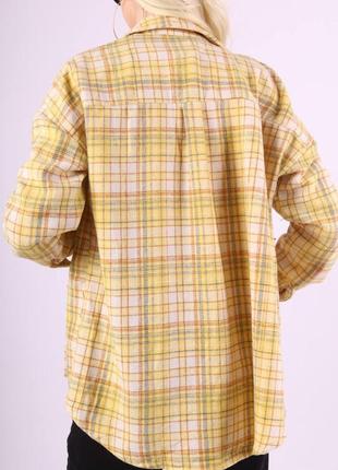 Теплая байковая рубашка в клетку желтая горчичная оверсайз3 фото