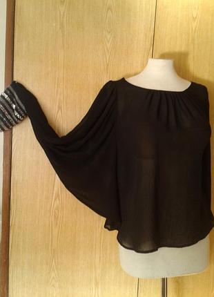 Черная шифоновая блузка с паетками на манжетах,s-м.