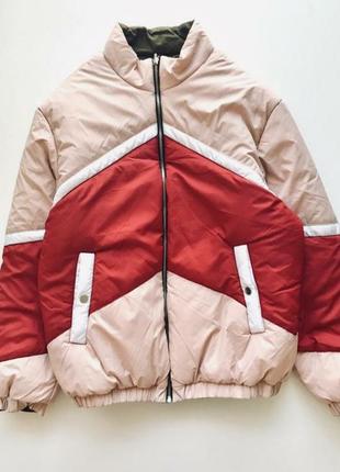Topshop куртка зефирка, пуффер оверсайз обьёмная двухсторонняя хакт/розовая утепленная