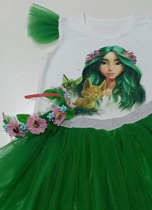 Костюм лісова фея зелена юбка ,віночок з квітами 110, 116,5 фото