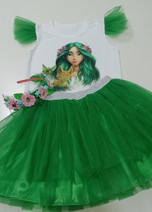 Костюм лісова фея зелена юбка ,віночок з квітами 110, 116,