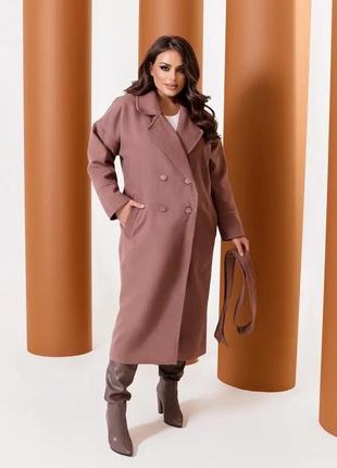 Женское кашемировое коричневое пальто с поясом большой размер3 фото