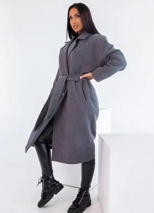 Женское кашемировое серое пальто с поясом большой размер5 фото