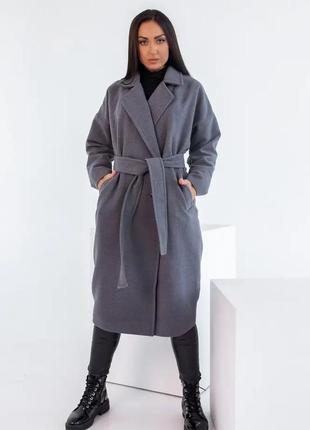 Женское кашемировое серое пальто с поясом большой размер6 фото
