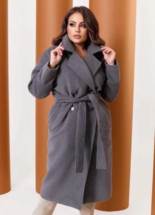 Женское кашемировое серое пальто с поясом большой размер2 фото