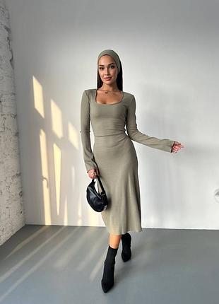 Платье миди прямого силуета по спинке на шнуровке вырез карэ + повязка на голову ткань рубчик мустанг плотный качество