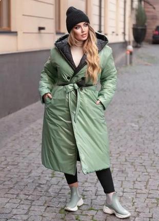 Женское двустороннее пальто миди с капюшоном из плащёвки большие размеры8 фото