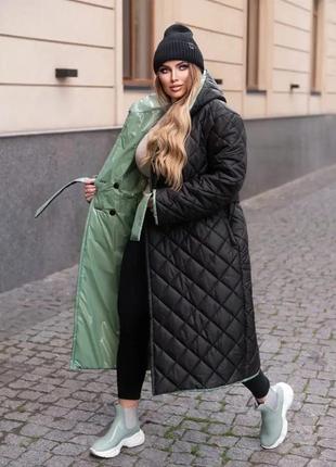 Женское двустороннее пальто миди с капюшоном из плащёвки большие размеры4 фото