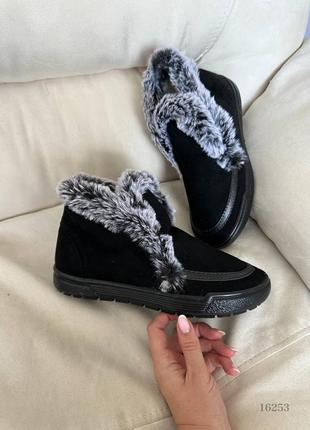 Замшевые ботинки с мехом, черные, экозамша, зима5 фото