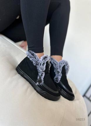 Замшевые ботинки с мехом, черные, экозамша, зима10 фото