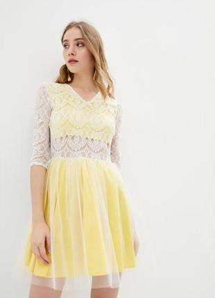 Вечернее платье с кружевом и пышной юбкой, желтое с фатином, одежда, 280071 фото