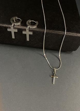 Цепочка с кулоном хрестик та серёжки хрест