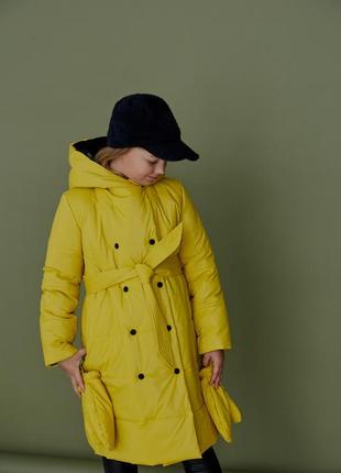 Куртка детская, подростковая, зимняя, теплая, с капюшоном, дизайнерская, с поясом, брендовая, черная, бирюзовая, желтая, бежевая6 фото