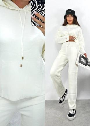 Костюм брючный вязанный свитер с капюшоном карманы кенгуру рукав спущенный длинный брюки прямые талия на резинке ткань вязка производство турция