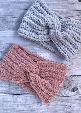 Повязочка велюрова оксамитова мудрування сіра ніжна пов'язка чалма