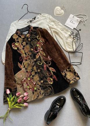 Жаккардовый, дизайнерский, гобеленовый, пиджак, куртка, жакет, indigo moon, с пайетками, комбинированный, коричневый, с вышивкой, этно