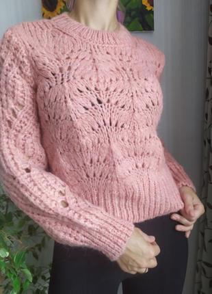 Жіноча в'язана кофта мохер -пуловер рожевого кольору великою вязкою,светер